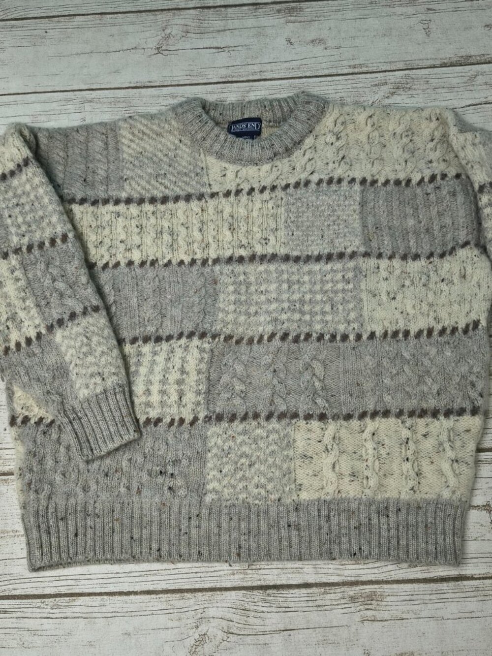 Vintage Lands' End Scotland 100% Wool Patchwork Cable Knit Sweater Size Large